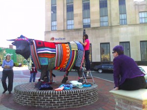 Getting "Major" the bull outfitted for National Crochet Month