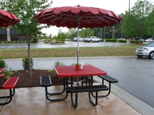 Boo-Boo grabs a seat outside at the Cook-Out in Wilson, North Carolina